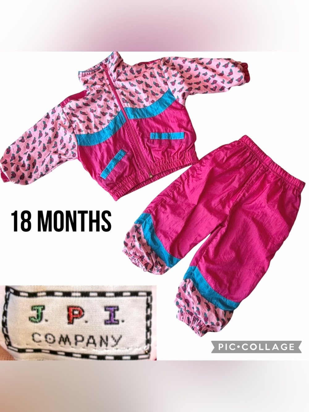 VTG JPI Girls Windbreaker Set 90s Pink Jacket Pants Floral Color Block 18 Months